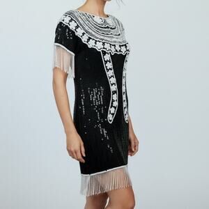 Vintage Channa Black Silk Beaded Sequin Fringe Flapper Dress Small